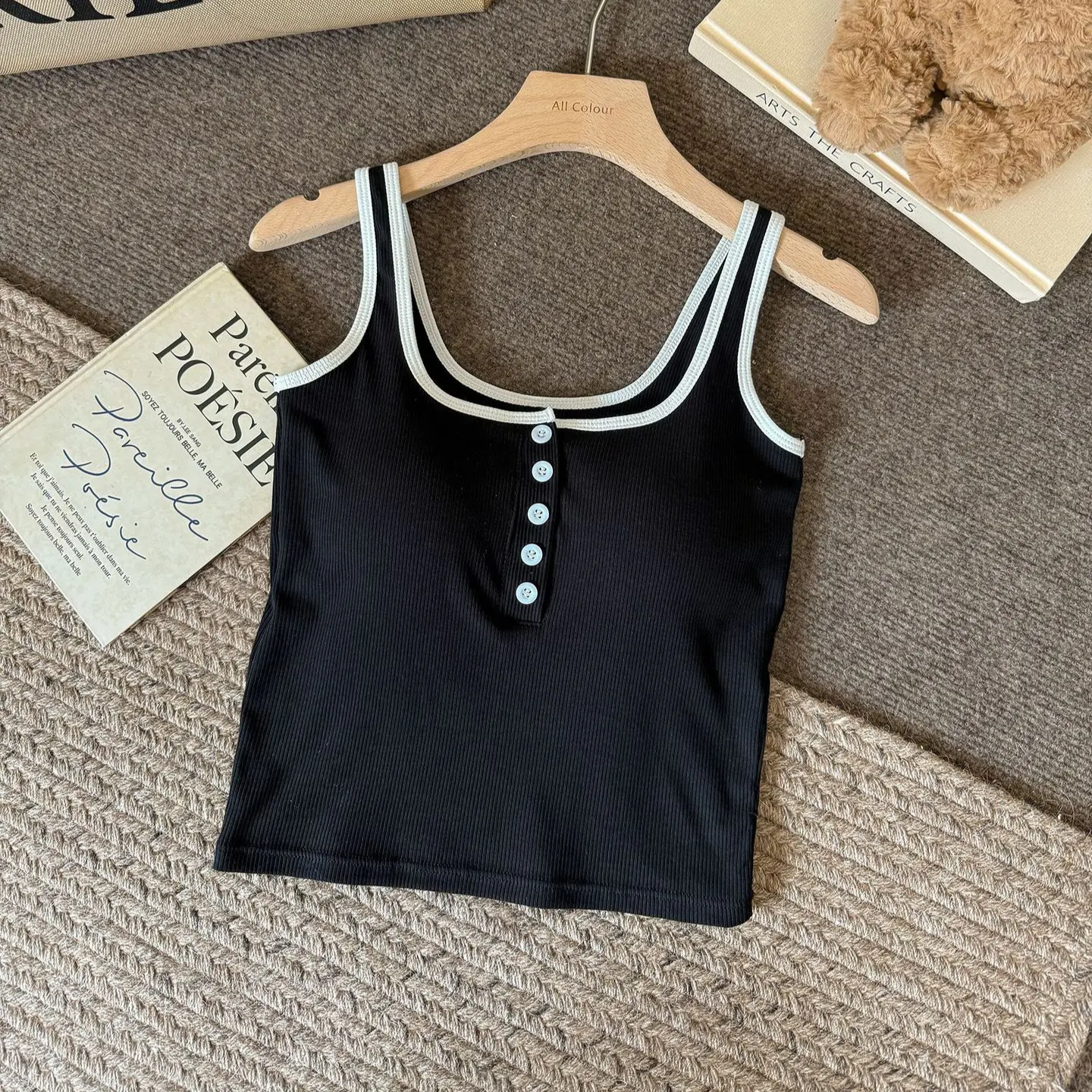 Trimmed Button-up Built-In Bra Camisole